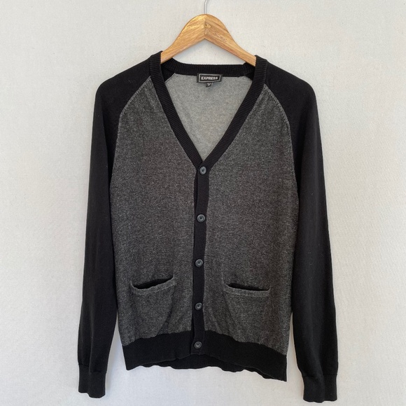 EXPRESS Men’s Size Medium Black & Gray Color Block Cardigan Sweater - Picture 1 of 5